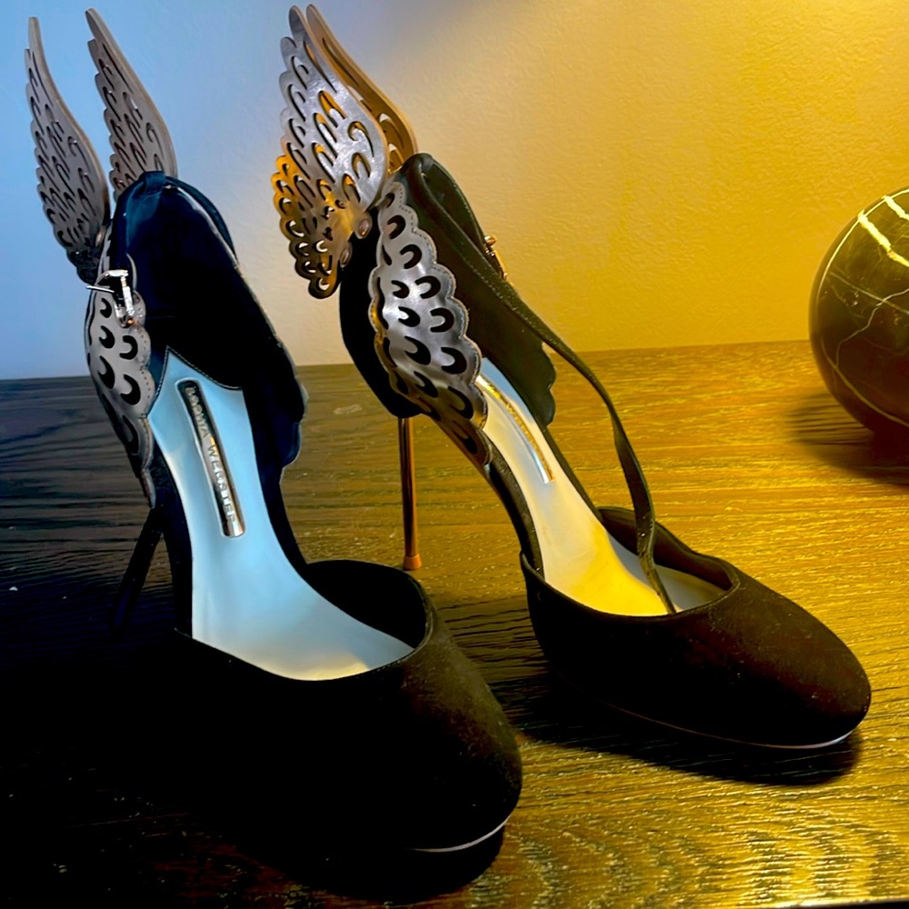 Sophia Webster Evangeline Pumps Black Suede and Rose Gold Angel Wing Detail